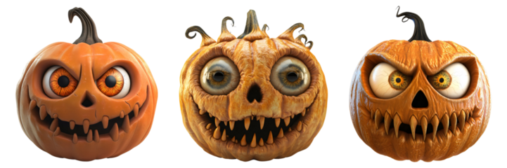 A set of creepy, exaggerated jack-o'-lantern with large, bulging eyes, sharp teeth, and twisted stems, creating a grotesque and eerie Halloween vibe.