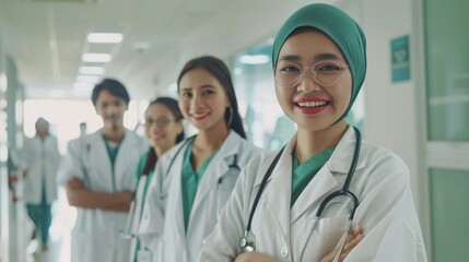 A group of diverse medical professionals smiling confidently in a hospital corridor, showcasing teamwork and dedication to healthcare.