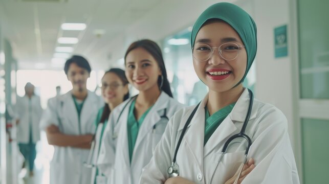 A group of diverse medical professionals smiling confidently in a hospital corridor, showcasing teamwork and dedication to healthcare.