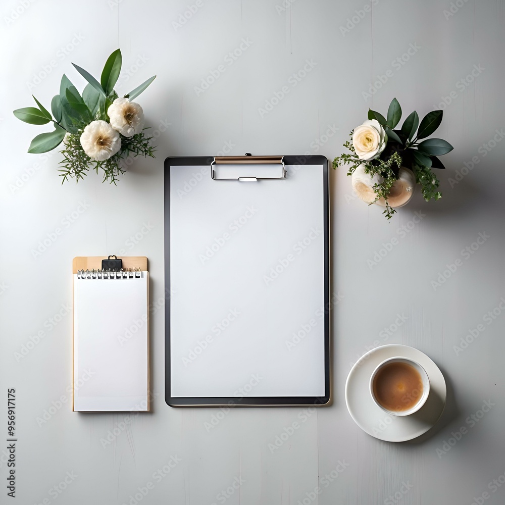 Wall mural a clean and minimalist flat lay showcasing a blank clipboard. a notepad. a cup of coffee. and two de