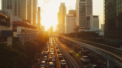Sun setting over a congested urban freeway, reflecting off car roofs, encapsulating the rush hour hustle.