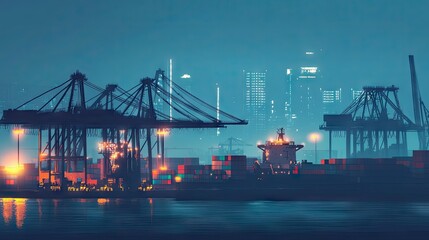 Naklejka premium Industrial port at twilight, featuring a container ship and cranes working under the dimming light. Emphasizes the scale of maritime trade and port operations.