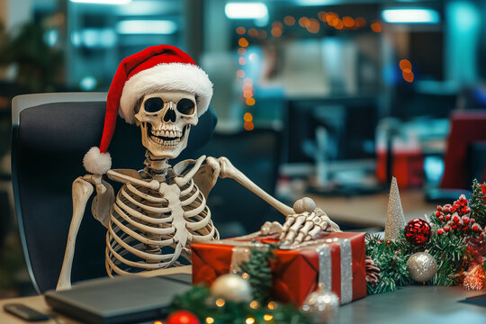A cheerful skeleton in a Santa hat waits at an office desk with holiday decorations