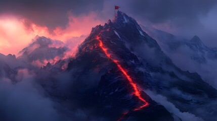 A glowing red path leading to the top of an alpine mountain peak, with a flag fluttering on its highest point