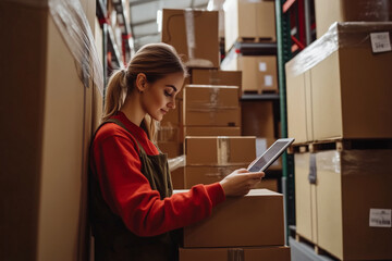 Focused female manager utilizes tablet in a lively warehouse filled with stacked boxes