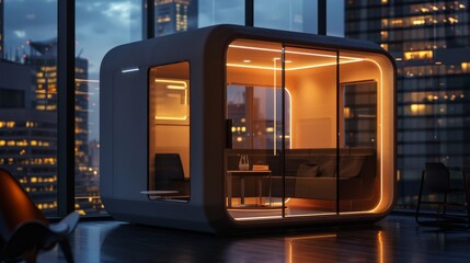 Obraz premium A stylish glass pod office illuminated in warm tones rests amidst a high-rise building, exuding modern luxury.