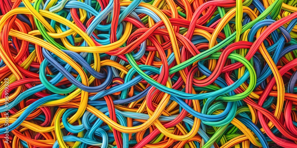 Poster A network of colorful strings and ribbons intertwined in a chaotic yet organized pattern, symbolizing social connections