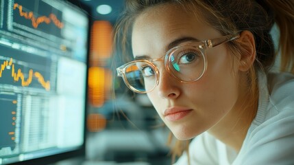 Futuristic Data Analyst, Female professional engaging with advanced digital interfaces, immersed in data analytics, surrounded by a clean, open workspace atmosphere.