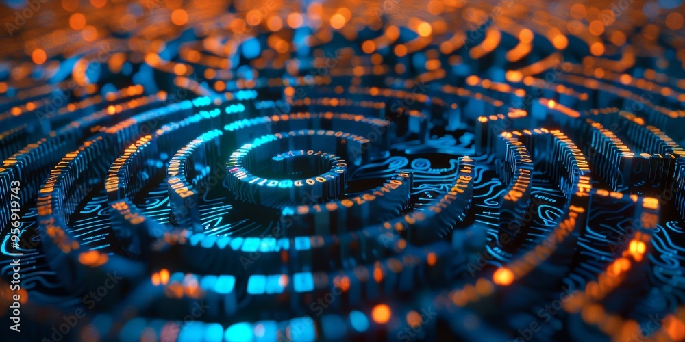 Fototapete Abstract design of a labyrinth with digital symbols and pathways, symbolizing information complexity