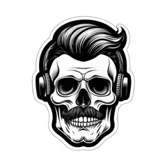 Obraz premium PNG. A strikingly detailed pop art sticker of a DJ skull adorned with a handlebar mustache and a stylish posh undercut haircut against a solid black background. Intricate Pop Art Sticker of DJ Skull