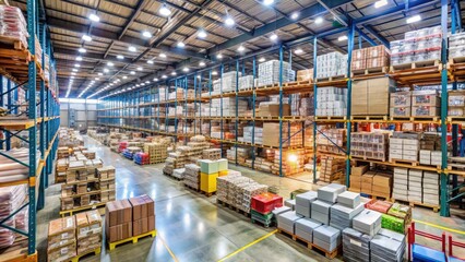 Fototapeta premium Racks of discounted merchandise line a sprawling warehouse, with shelves overflowing with boxed goods, pallets stacked high, and fluorescent lights illuminating the bustling clearance sale.