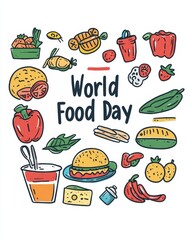 Celebrate World Food Day with playful doodles of global cuisines and cultures on a white backdrop