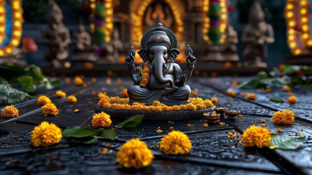Create a 3D illustration of Ganesh Chaturthi, a Hindu festival celebrating Lord Ganesha