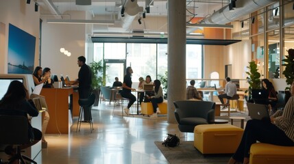 A bustling modern office space with people working, chatting, and collaborating in a bright, open environment with sleek furniture and natural light.