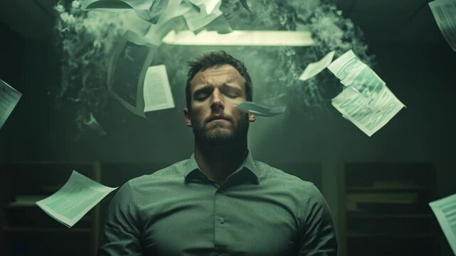 Man in a dimly lit office with eyes closed, surrounded by floating papers, conveying stress and contemplation amidst chaos