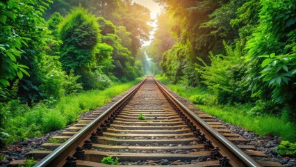 Railway tracks stretching into the distance, surrounded by lush greenery, conveying a sense of direction, focus, and momentum, symbolizing staying on course towards goals.