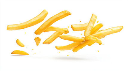 Potato fries in mid-air, isolated on a white background.