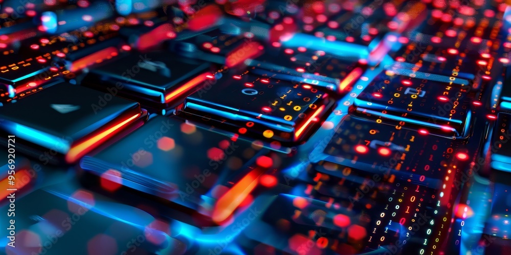 Poster a keyboard with a double exposure of binary code and network patterns, illustrating digital communic
