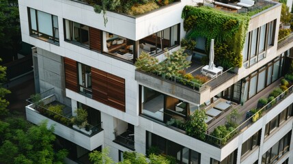 A lush, green apartment building adorned with cascading plants, creating a tranquil urban escape with multiple balconies and beautiful landscaping.