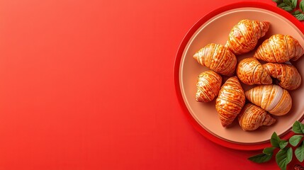 Delicious flaky pastries arranged on a plate against a vibrant red background, perfect for a gourmet dessert display.