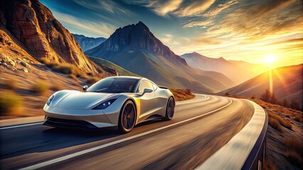 Fototapeta premium Electric sports car accelerates rapidly down a winding mountain road, desert landscape blurring in the background as it approaches incredible velocities with precision and power.