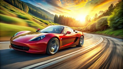 Fototapeta premium Electric sports car speeding down a winding road, leaving a trail of motion blur, conveying a sense of power, freedom, and exhilarating speed.