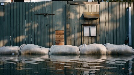 A row of sandbags line a wooden fence next to a submerged area, indicating flood protection measures by the water.