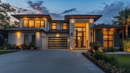 Modern House Exterior with Warm Lighting at Dusk