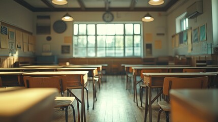 Empty Desks and Chairs in a Classic Classroom Setting