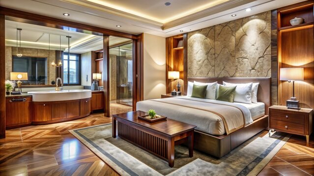 Elegant accommodations await in this opulent hotel room, featuring plush bedding, rich wood accents, and a spacious marble-clad bathroom with separate shower and tub.