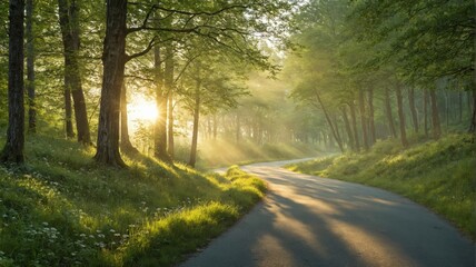 Obraz premium Beautiful landscape winding road forest surrounded by tall fores