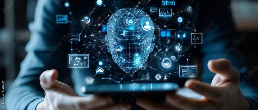 Poster futuristic holographic interface with ai and digital connectivity