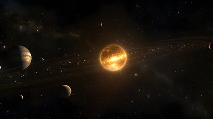 Complete Solar System: A panoramic view of the entire solar system, with each planet orbiting the sun in the vastness of space.
