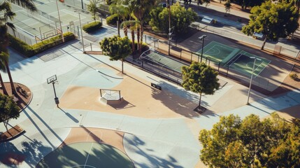 An aerial view of an empty urban park featuring multiple sports courts, surrounded by lush trees on a sunny day.