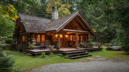 Obraz premium Log chalet in a serene forest, providing a cozy retreat with a rustic charm and natural beauty.