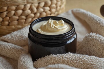 Black jar cream placed beige towel is round Open black jar