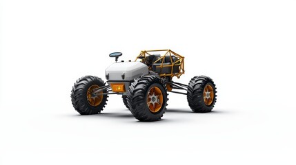 A detailed view of a futuristic off-road vehicle with large tires and striking design, ideal for automotive enthusiasts.