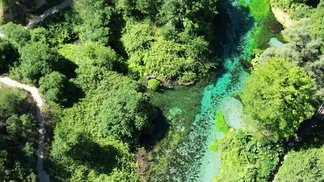 River coast dron bird view in Blue eye river, Albania. Green Seaweed leaves in Turquoise and green water river Bistrice scenic aerial view in Muzine, Finiq, Albania, Europe.