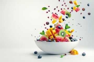 Fruits falling into a fruit salad bowl