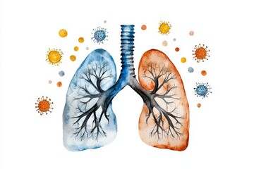 A detailed watercolor illustration of human lungs, showcasing healthy and infected areas surrounded by virus representations.