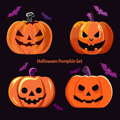 halloween set of four orange scary pumpkins on dark background. vector illustration in flat style