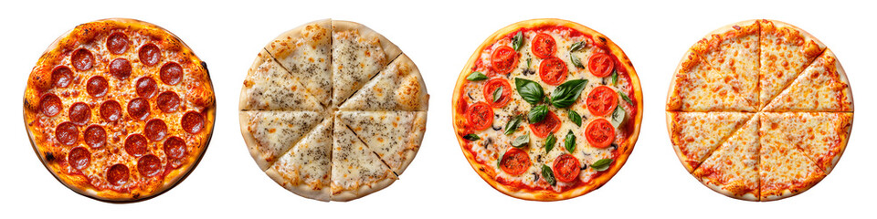Delicious variety of fresh pizzas displayed on a transparent background, png image, graphic resources