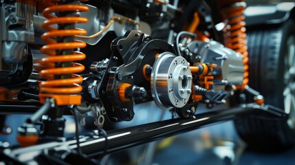 Fototapeta premium A detailed close-up of an engine's suspension system, featuring vibrant orange springs and metallic components.