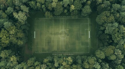 Aerial view of a soccer field surrounded by dense green forest, creating a secluded and natural...