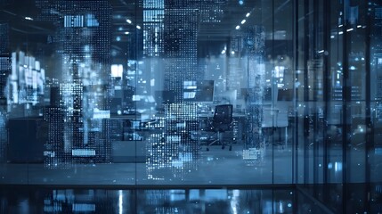 Transparent Digital Financial Data Overlaying Modern Office Scene
