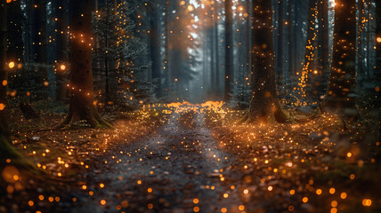 Naklejka premium A snowy path leads through a forest wonderland, illuminated by twinkling lights and adorned with festive trees.