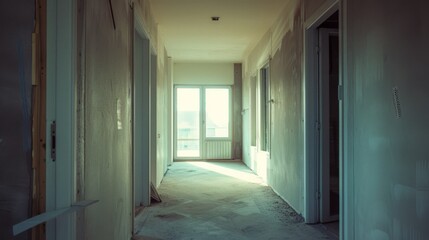 A bare corridor inside a home mid-renovation, illuminated by natural light coming through a window at the end.