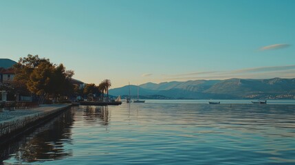 Obraz premium Calm lake with sailboats and distant mountains under an early morning sky, creating a serene and picturesque waterfront landscape.