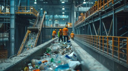 Workers in safety gear sort through a conveyor belt loaded with recyclables in a bustling recycling facility, highlighting dedication to sustainability.