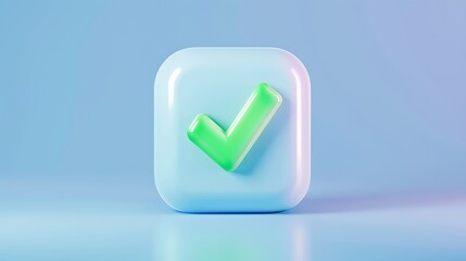 3D green check mark on a blue gradient background. Modern icon representing approval, success, and confirmation in a minimalist style.